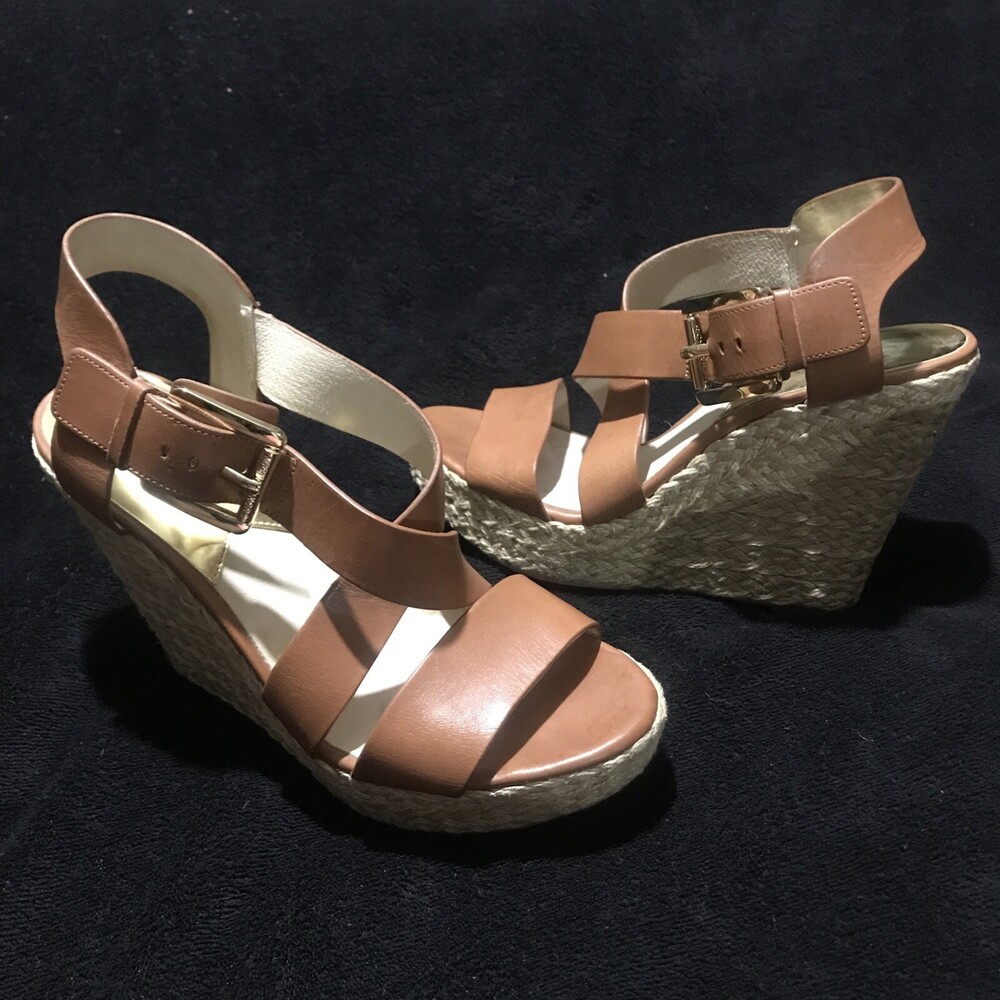 Michael Kors sz 61/2 Women’s Giovanna Brown Leather Wedge Espadrille Sandals